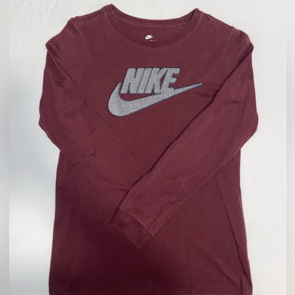 Kids’ Youth Size Large Chenille Nike Swoosh Burgundy Long-sleeve T-Shirt